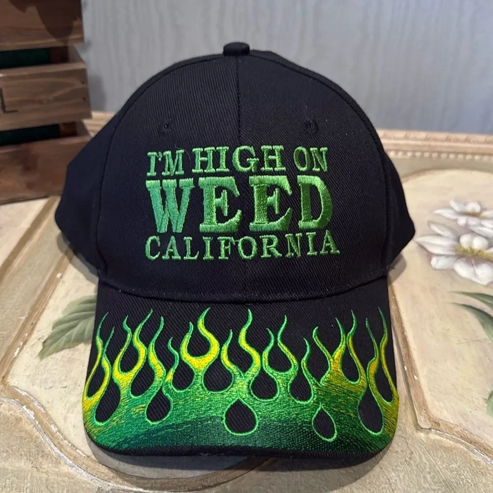 High On Weed California Adjustable Embroidered Cap Black Green Flames Unisex OS
